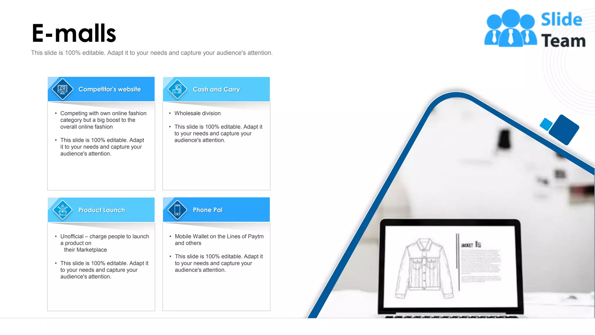E-malls
24
This slide is 100% editable. Adapt it to your needs and capture your audience's attention.
Competitor's website
• Competing with own online fashion
category but a big boost to the
overall online fashion
• This slide is 100% editable. Adapt
it to your needs and capture your
audience's attention.
Cash and Carry
• Wholesale division
• This slide is 100% editable. Adapt it
to your needs and capture your
audience's attention.
Product Launch
• Unofficial – charge people to launch
a product on
their Marketplace
• This slide is 100% editable. Adapt it
to your needs and capture your
audience's attention.
Phone Pal
• Mobile Wallet on the Lines of Paytm
and others
• This slide is 100% editable. Adapt it
to your needs and capture your
audience's attention.
 