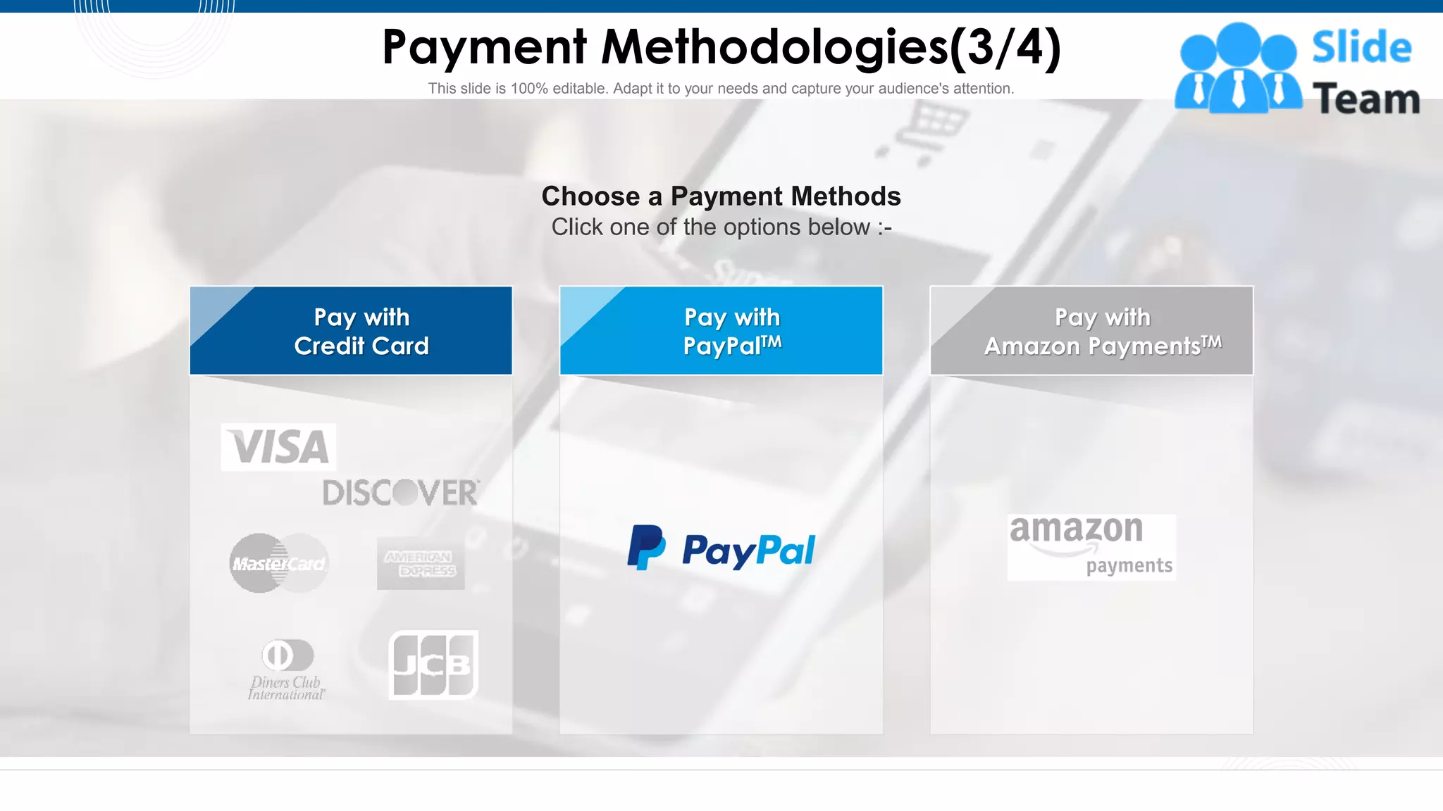 This slide is 100% editable. Adapt it to your needs and capture your audience's attention.
Payment Methodologies(3/4)
32
Choose a Payment Methods
Click one of the options below :-
Pay with
PayPalTM
Pay with
Amazon PaymentsTM
Pay with
Credit Card
 