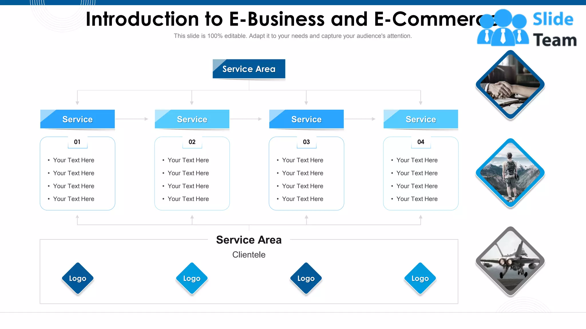 4
Introduction to E-Business and E-Commerce
Service Area
Service Service Service Service
01
• Your Text Here
• Your Text Here
• Your Text Here
• Your Text Here
02
• Your Text Here
• Your Text Here
• Your Text Here
• Your Text Here
03
• Your Text Here
• Your Text Here
• Your Text Here
• Your Text Here
04
• Your Text Here
• Your Text Here
• Your Text Here
• Your Text Here
Clientele
Service Area
Logo Logo Logo Logo
This slide is 100% editable. Adapt it to your needs and capture your audience's attention.
 