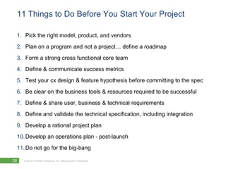 11 Things to Do Before You Start Your Project

 1. Pick the right model, product, and vendors
 2. Plan on a program and no...