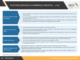 For updated information, please visit www.ibef.orgE-Commerce21
 Web content search in Hindi grew by 155 per cent in 2015 whereas that through mobile internet grew by 300 per cent in
the same period.
 In a move to grab the opportunity, Snapdeal and Make My Trip had launched their apps in Hindi and a few other
vernacular languages in 2014.
 Online retailers see this emergent segment as a new growth driver as the incremental growth in mobile subscribers can
be credited mainly to people who are comfortable with languages other than English.
 Consumer demand can be seen increasing even in small towns and cities.
 Less densely populated regions generated a larger proportion of online sales. Nearly 60 per cent of Snapdeal’s
purchases came from cities classified as tier II and III.
 Flipkart also noted that “sales of branded products across categories saw a sharp increase, as more of tier 2 and tier 3
Indian towns took to shopping online.”
 Online retailers’ growing reach in town and cities beyond metros is driven by an increasing in usage of mobile internet in
the country. Increased ownership of smartphones is helping more Indians access shopping websites easily.
 Rise in smartphone usage is expected to reach 50 per cent penetration by 2020.
 The number of mobile internet users is expected to reach 478 million by June 2018 which will further boost the mobile
commerce sector in India.
FACTORS DRIVING E-COMMERCE GROWTH… (1/2)
Internet content in local
languages
Growth in non-metro
cities
Mobile Commerce
Source: Media sources, Aranca Research
 Online retailers now deliver to “12,500-15,000 pin codes” out of nearly 100,000 pin codes in the country.
 With logistics and warehouses attracting an estimated investment of nearly US$2 billion by 2020, the reach of online
retailers to remote locations is set to increase.
 In April 2018, Amazon announced its plans to add five new fulfilment centres in India and retain its position as the
largest warehousing space provider in the country.
Growth of logistics and
warehouses.
 