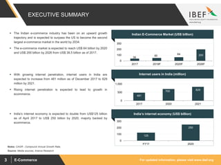For updated information, please visit www.ibef.orgE-Commerce3
39
50
64 200
0
100
200
300
2017 2018F 2020F 2026F
481
700 829
0
500
1,000
2017 2020 2021
Internet users in India (million)
India’s internet economy (US$ billion)
125
250
0
100
200
300
FY17 2020
Indian E-Commerce Market (US$ billion)
Source: Media sources, Aranca Research
Notes: CAGR - Compound Annual Growth Rate,
 The Indian e-commerce industry has been on an upward growth
trajectory and is expected to surpass the US to become the second
largest e-commerce market in the world by 2034.
 The e-commerce market is expected to reach US$ 64 billion by 2020
and US$ 200 billion by 2026 from US$ 38.5 billion as of 2017.
 With growing internet penetration, internet users in India are
expected to increase from 481 million as of December 2017 to 829
million by 2021.
 Rising internet penetration is expected to lead to growth in
ecommerce.
 India’s internet economy is expected to double from US$125 billion
as of April 2017 to US$ 250 billion by 2020, majorly backed by
ecommerce.
EXECUTIVE SUMMARY
 