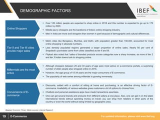 For updated information, please visit www.ibef.orgE-Commerce19
 Discounts, added with a comfort of sitting at home and purchasing, is an effective driving factor of E-
commerce. Availability of various websites gives customers a lot of options to choose from.
 Chatbots and personal assistance apps have made transactions seamless.
 One can get several brands and products from different sellers at one place. Also, one can get in on the latest
international trends without spending money on travel; you can shop from retailers in other parts of the
country or even the world without being limited by geographic area.
 Metro cities like Bengaluru, Mumbai, and Delhi, with population greater than 100,000, accounted for most
online shopping in absolute numbers.
 Less densely populated regions generated a larger proportion of online sales. Nearly 60 per cent of
Snapdeal’s purchases came from cities classified as tier II and III.
 Flipkart also noted that “sales of branded products across categories saw a sharp increase, as more of tier 2
and tier 3 Indian towns took to shopping online.
 Although shoppers between 25 and 34 years of age were most active on e-commerce portals, a surprising
number of older people also shopped online in 2016.
 However, the age group of 15-34 years are the major consumers of E-commerce.
 The popularity of web series among millenials is growing immensely.
DEMOGRAPHIC FACTORS
 Over 120 million people are expected to shop online in 2018 and this number is expected to go up to 175
million by 2020.
 Mobile-savvy shoppers are the backbone of India’s online shopping industry.
 Men in India are more avid shoppers than women in part because of demographic and cultural differences.
Online Shoppers
Convenience of E-
commerce
Tier II and Tier III cities
provide major sales
Millennials are the most
active
Source: Economic Times, Media sources, Aranca Research
 