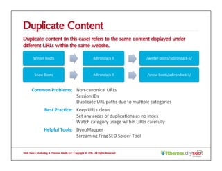 Duplicate Content
Duplicate content (in this case) refers to the same content displayed under
different URLs within the same website.
Web Savvy Marketing & iThemes Media LLC Copyright © 2016, All Rights Reserved
Common	Problems:	 Non-canonical	URLs		
Session	IDs	
Duplicate	URL	paths	due	to	mul@ple	categories	
Best	Prac1ce:	 Keep	URLs	clean	
Set	any	areas	of	duplica@ons	as	no	index	
Watch	category	usage	within	URLs	carefully	
Helpful	Tools:	 DynoMapper	
Screaming	Frog	SEO	Spider	Tool	
Winter	Boots	 Adirondack	II	 /winter-boots/adirondack-ii/	
Snow	Boots	 Adirondack	II	 /snow-boots/adirondack-ii/	
 