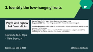Pages with high SV
but fewer clicks
3. Identify the low-hanging fruits
Optimise SEO tags
- Title, Desc., H1
@himani_kankar...