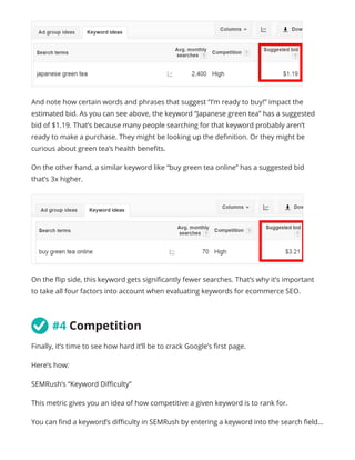 And note how certain words and phrases that suggest “I’m ready to buy!” impact the
estimated bid. As you can see above, the keyword “Japanese green tea” has a suggested
bid of $1.19. That’s because many people searching for that keyword probably aren’t
ready to make a purchase. They might be looking up the definition. Or they might be
curious about green tea’s health benefits.
On the other hand, a similar keyword like “buy green tea online” has a suggested bid
that’s 3x higher.
On the flip side, this keyword gets significantly fewer searches. That’s why it’s important
to take all four factors into account when evaluating keywords for ecommerce SEO.
	#4 Competition
Finally, it’s time to see how hard it’ll be to crack Google’s first page.
Here’s how:
SEMRush’s “Keyword Difficulty”
This metric gives you an idea of how competitive a given keyword is to rank for.
You can find a keyword’s difficulty in SEMRush by entering a keyword into the search field…
 