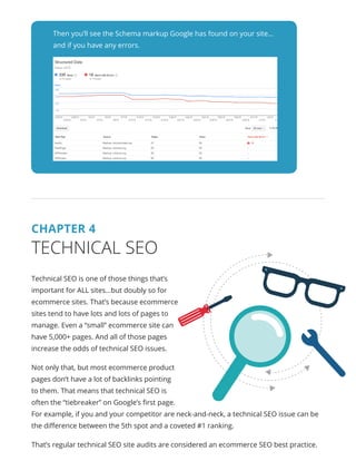 Then you’ll see the Schema markup Google has found on your site...
and if you have any errors.
CHAPTER 4
TECHNICAL SEO
Technical SEO is one of those things that’s
important for ALL sites...but doubly so for
ecommerce sites. That’s because ecommerce
sites tend to have lots and lots of pages to
manage. Even a “small” ecommerce site can
have 5,000+ pages. And all of those pages
increase the odds of technical SEO issues.
Not only that, but most ecommerce product
pages don’t have a lot of backlinks pointing
to them. That means that technical SEO is
often the “tiebreaker” on Google’s first page.
For example, if you and your competitor are neck-and-neck, a technical SEO issue can be
the difference between the 5th spot and a coveted #1 ranking.
That’s regular technical SEO site audits are considered an ecommerce SEO best practice.
 