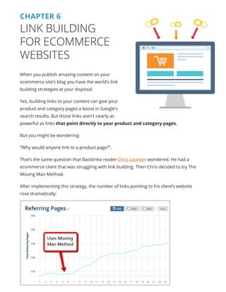 CHAPTER 6
LINK BUILDING
FOR ECOMMERCE
WEBSITES
When you publish amazing content on your
ecommerce site’s blog you have the world’s link
building strategies at your disposal.
Yes, building links to your content can give your
product and category pages a boost in Google’s
search results. But those links aren’t nearly as
powerful as links that point directly to your product and category pages.
But you might be wondering:
“Why would anyone link to a product page?”.
That’s the same question that Backlinko reader Chris Laursen wondered. He had a
ecommerce client that was struggling with link building. Then Chris decided to try The
Moving Man Method.
After implementing this strategy, the number of links pointing to his client’s website
rose dramatically:
 