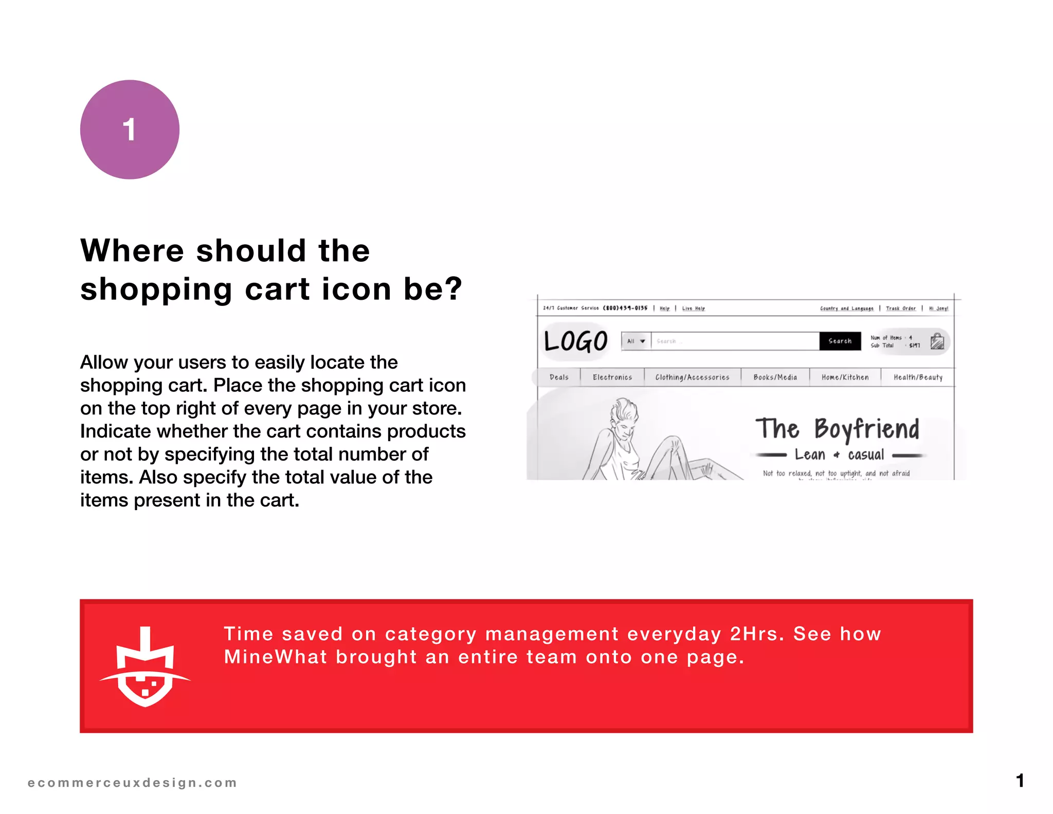 1e c o m m e r c e u x d e s i g n . c o m
Where should the
shopping cart icon be?
Allow your users to easily locate the
shopping cart. Place the shopping cart icon
on the top right of every page in your store.
Indicate whether the cart contains products
or not by specifying the total number of
items. Also specify the total value of the
items present in the cart.
1
Time saved on category management everyday 2Hrs. See how
MineWhat brought an entire team onto one page.
L E A R N M O R E
 