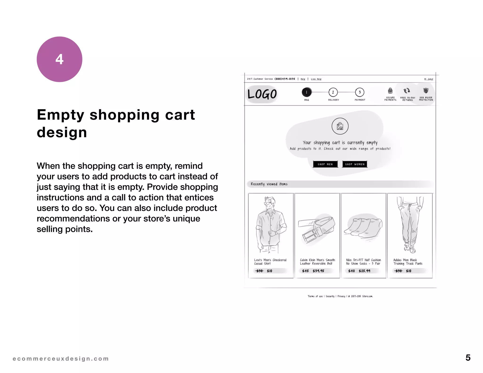 5e c o m m e r c e u x d e s i g n . c o m
Empty shopping cart
design
When the shopping cart is empty, remind
your users to add products to cart instead of
just saying that it is empty. Provide shopping
instructions and a call to action that entices
users to do so. You can also include product
recommendations or your store’s unique
selling points.
4
 