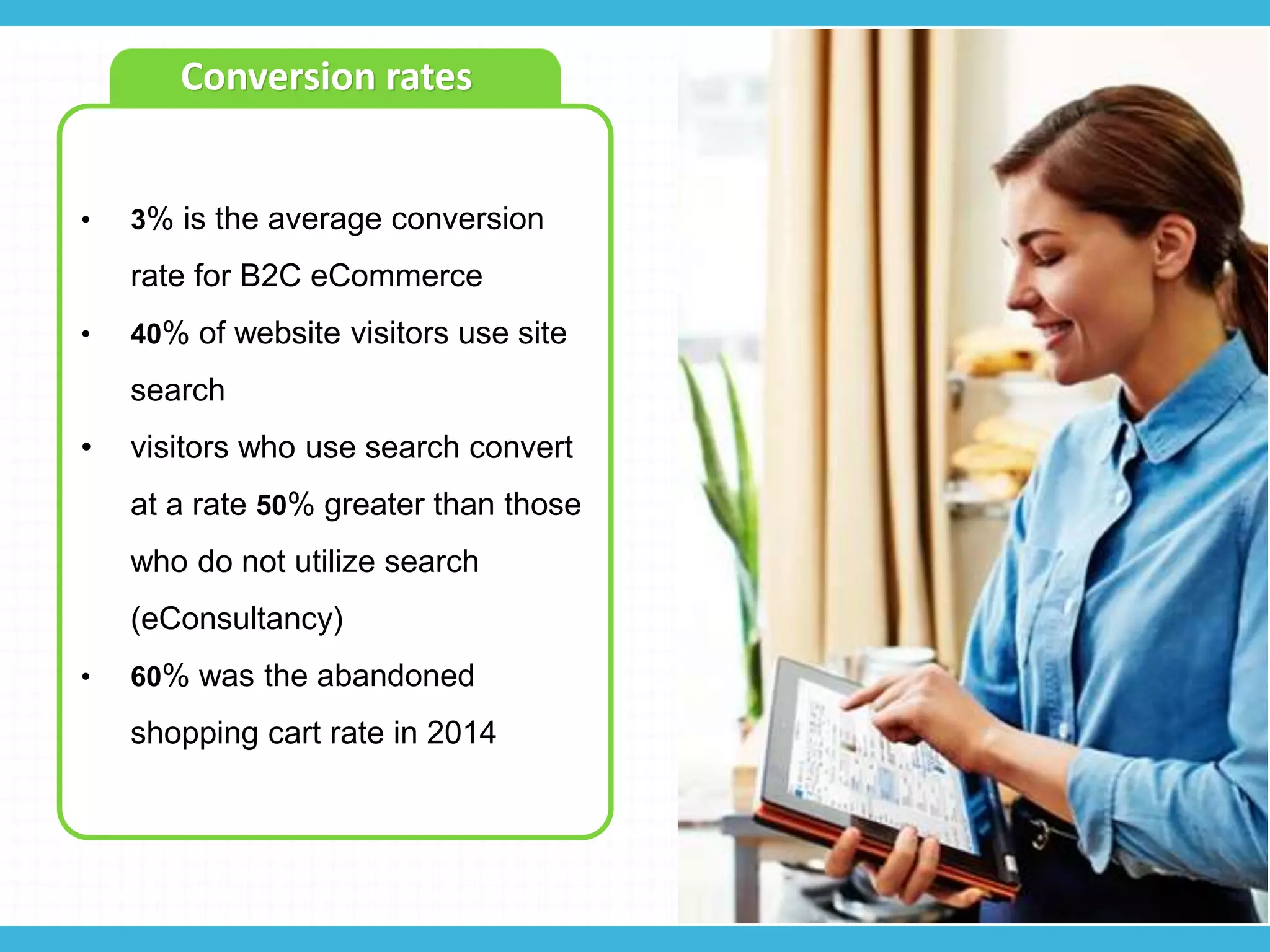 • 3% is the average conversion
rate for B2C eCommerce
• 40% of website visitors use site
search
• visitors who use search convert
at a rate 50% greater than those
who do not utilize search
(eConsultancy)
• 60% was the abandoned
shopping cart rate in 2014
Conversion rates
 