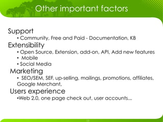 Other important factors

Support
   •  Community, Free and Paid - Documentation, KB
Extensibility
   •  Open Source, Extension, add-on, API, Add new features
   •  Mobile
   •  Social Media
Marketing
   •  SEO/SEM, SEF, up-selling, mailings, promotions, affiliates,
   Google Merchant,
Users experience
   • Web 2.0, one page check out, user accounts...
 