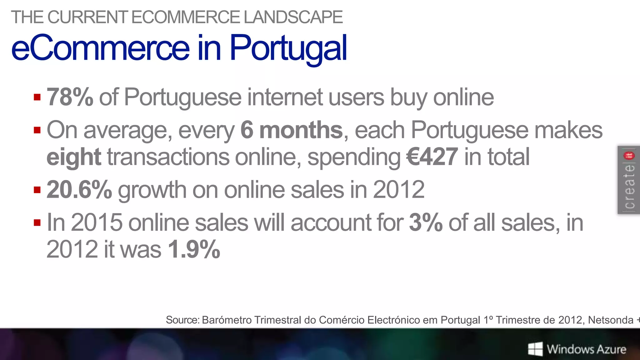THE CURRENT ECOMMERCE LANDSCAPE



  78% of Portuguese internet users buy online
  On average, every 6 months, each Portuguese makes
   eight transactions online, spending €427 in total
  20.6% growth on online sales in 2012
  In 2015 online sales will account for 3% of all sales, in
   2012 it was 1.9%

                   Barómetro Trimestral do Comércio Electrónico em Portugal 1º Trimestre de 2012, Netsonda +
 