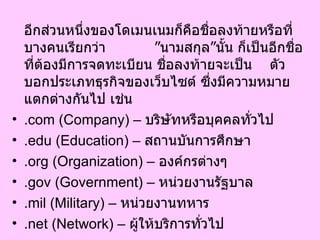 อีกส่วนหนึ่งของโดเมนเนมก็คือชื่อลงท้ายหรือที่บางคนเรียกว่า  ” นามสกุล ” นั้น ก็เป็นอีกชื่อที่ต้องมีการจดทะเบียน ชื่อลงท้ายจะเป็น  ตัวบอกประเภทธุรกิจของเว็บไซต์ ซึ่งมีความหมายแตกต่างกันไป เช่น  .com (Company) –  บริษัทหรือบุคคลทั่วไป  .edu (Education) –  สถานบันการศึกษา  .org (Organization) –  องค์กรต่างๆ  .gov (Government) –  หน่วยงานรัฐบาล  .mil (Military) –  หน่วยงานทหาร  .net (Network) –  ผู้ให้บริการทั่วไป  
