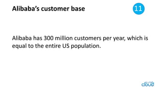 Alibaba’s customer base
Alibaba has 300 million customers per
year, which is equal to the entire US population.
11
 
