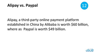 Alipay vs. Paypal
Alipay, a third-party online payment platform
established in China by Alibaba is worth
$60 billion, wher...
