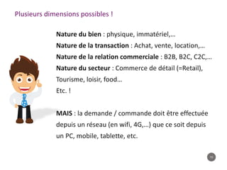 10
Nature du bien : physique, immatériel,…
Nature de la transaction : Achat, vente, location,…
Nature de la relation commerciale : B2B, B2C, C2C,…
Nature du secteur : Commerce de détail (=Retail),
Tourisme, loisir, food…
Etc. !
MAIS : la demande / commande doit être effectuée
depuis un réseau (en wifi, 4G,…) que ce soit depuis
un PC, mobile, tablette, etc.
Plusieurs dimensions possibles !
 