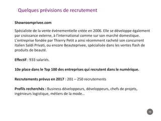 38
Quelques prévisions de recrutement
Showroomprivee.com
Spécialiste de la vente événementielle créée en 2006. Elle se développe également
par croissance externe, à l'international comme sur son marché domestique.
L'entreprise fondée par Thierry Petit a ainsi récemment racheté son concurrent
italien Saldi Privati, ou encore Beauteprivee, spécialisée dans les ventes flash de
produits de beauté.
Effectif : 933 salariés.
10e place dans le Top 100 des entreprises qui recrutent dans le numérique.
Recrutements prévus en 2017 : 201 – 250 recrutements
Profils recherchés : Business développeurs, développeurs, chefs de projets,
ingénieurs logistique, métiers de la mode…
 