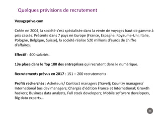 39
Quelques prévisions de recrutement
Voyageprive.com
Créée en 2004, la société s'est spécialisée dans la vente de voyages haut de gamme à
prix cassés. Présente dans 7 pays en Europe (France, Espagne, Royaume-Uni, Italie,
Pologne, Belgique, Suisse), la société réalise 520 millions d'euros de chiffre
d'affaires.
Effectif : 400 salariés.
13e place dans le Top 100 des entreprises qui recrutent dans le numérique.
Recrutements prévus en 2017 : 151 – 200 recrutements
Profils recherchés : Acheteurs/ Contract managers (Travel); Country managers/
International bus dev managers; Chargés d'édition France et International; Growth
hackers; Business data analysts, Full stack developers; Mobile software developers,
Big data experts…
 