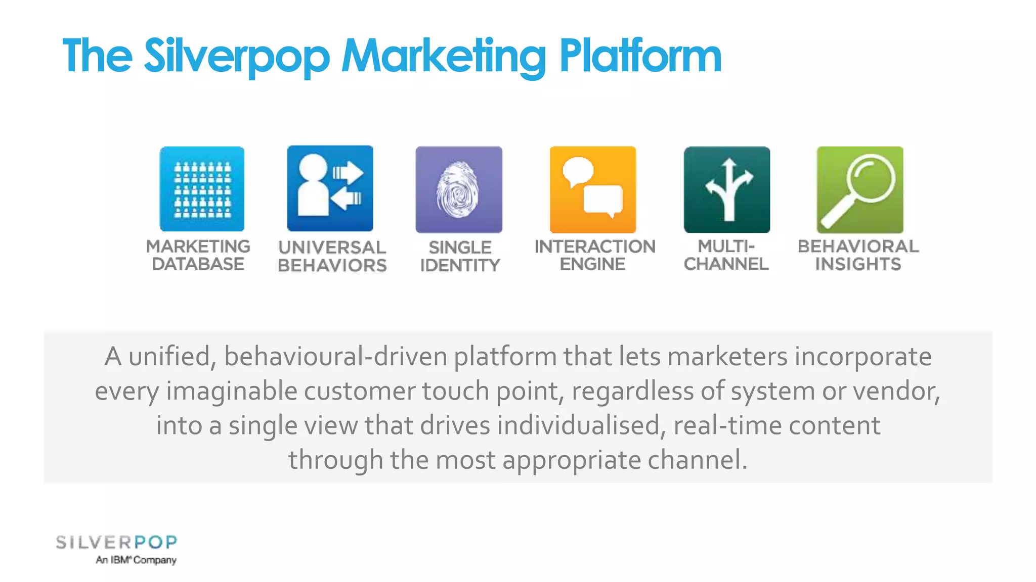 A unified, behavioural-driven platform that lets marketers incorporate
every imaginable customer touch point, regardless of system or vendor,
into a single view that drives individualised, real-time content
through the most appropriate channel.
The Silverpop Marketing Platform
 