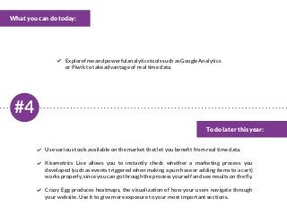#4
What you can do today:
To do later this year:
ExplorefreeandpowerfulanalyticstoolssuchasGoogleAnalytics
or Piwik to take advantage of real time data.
Use various tools available on the market that let you benefit from real time data.
Kissmetrics Live allows you to instantly check whether a marketing process you
developed (such as events triggered when making a purchase or adding items to a cart)
works properly, since you can go through the process yourself and see results on the fly.
Crazy Egg produces heatmaps, the visualization of how your users navigate through
your website. Use it to give more exposure to your most important sections.
 