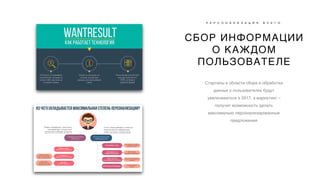 СБОР ИНФОРМАЦИИ
О КАЖДОМ
ПОЛЬЗОВАТЕЛЕ
П Е Р С О Н А Л И З А Ц И Я В С Е Г О
Стартапы в области сбора и обработки
данных о пользователях будут
увеличиваться в 2017, а маркетинг –
получит возможность делать
максимально персонализированные
предложения
 