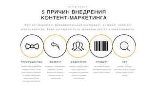 5 ПРИЧИН ВНЕДРЕНИЯ
КОНТЕНТ-МАРКЕТИНГА
Т О Ч К И Р О С Т А
К о н т е н т - м а р к е т и н г ф у н д а м е н т а л ь н ы й и н с т р у м е н т , к о т о р ы й п о м о г а е т
и г р а т ь в д о л г у ю . В а ш а э к с п е р т н о с т ь с о в р е м е н е м р а с т е т и н а к а п л и в а е т с я .
Контент дает добавочную
стоимость всему, что вы
хотите делать в бизнесе.
Он делает любое ваше
предложение более
конкурентоспособным
П Р Е И М У Щ Е С Т В О
Возвращать покупателей =
работать в условно-
бесплатных каналах =
снижение затрат на
привлечение
В О З В Р А Т
Контент помогает найти
новую аудиторию в
конкурентных сегментах,
сделать их вашими
покупателями
А У Д И Т О Р И Я
Без контента просто
невозможно вывести на
рынок новый продукт
П Р О Д У К Т
Контент улучшает
поисковую выдачу и влияет
на ваш трафик из SEO-
канала
S E O
23
 