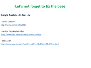 Let’s not forget to fix the base
Google Analytics In Real Life
- Online Checkout
http://youtu.be/3Sk7cOqB9Dk
- Landing Page Optimization
https://www.youtube.com/watch?v=cbtf1oyNg-8
- Site Search
https://www.youtube.com/watch?v=cbtf1oyNg-8&list=RDcbtf1oyNg-8
 