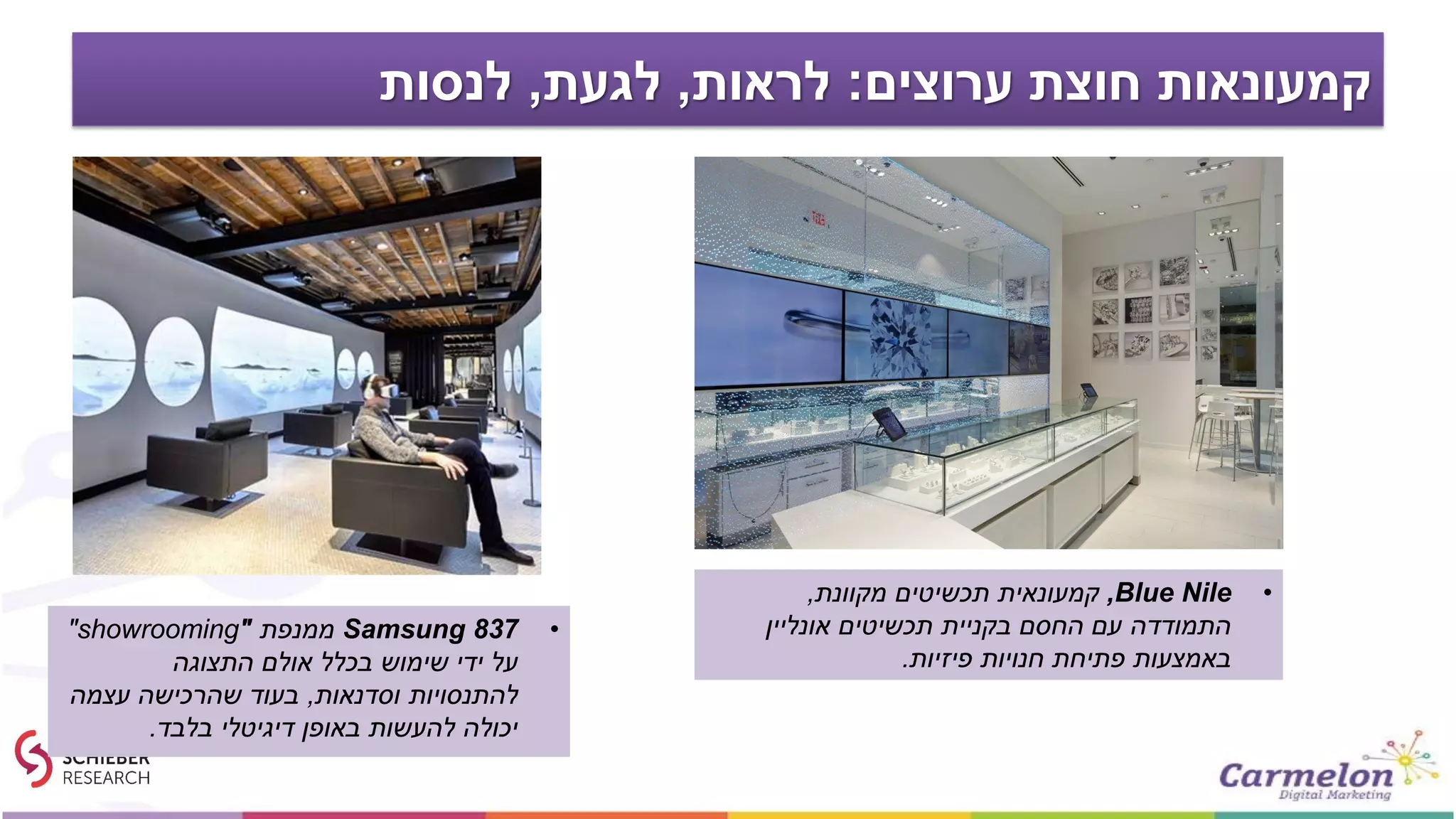 ‫קמעונאות‬‫חוצת‬‫ערוצים‬:‫לראות‬,‫לגעת‬,‫לנסות‬
•Samsung 837‫ממנפת‬"showrooming"
‫התצוגה‬ ‫אולם‬ ‫בכלל‬ ‫שימוש‬ ‫ידי‬ ‫על‬
‫וסדנאות‬ ‫להתנסויות‬,‫עצמה‬ ‫שהרכישה‬ ‫בעוד‬
‫בלבד‬ ‫דיגיטלי‬ ‫באופן‬ ‫להעשות‬ ‫יכולה‬.
•Blue Nile,‫מקוונת‬ ‫תכשיטים‬ ‫קמעונאית‬,
‫אונליין‬ ‫תכשיטים‬ ‫בקניית‬ ‫החסם‬ ‫עם‬ ‫התמודדה‬
‫פיזיות‬ ‫חנויות‬ ‫פתיחת‬ ‫באמצעות‬.
 