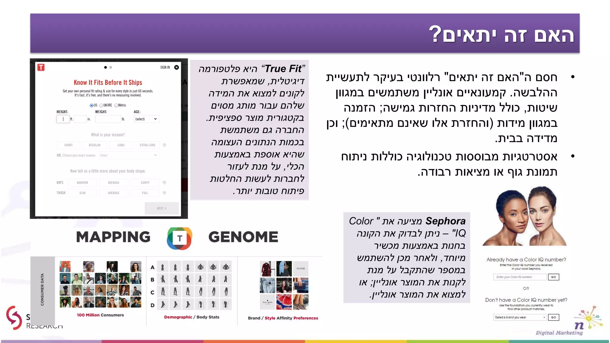 ‫יתאים‬ ‫זה‬ ‫האם‬?
•‫ה‬ ‫חסם‬"‫יתאים‬ ‫זה‬ ‫האם‬"‫לתעשיית‬ ‫בעיקר‬ ‫רלוונטי‬
‫ההלבשה‬.‫במגוון‬ ‫משתמשים‬ ‫אונליין‬ ‫קמעונאיים‬
‫שיטות‬,‫גמישה‬ ‫החזרות‬ ‫מדיניות‬ ‫כולל‬;‫הזמנה‬
‫מידות‬ ‫במגוון‬(‫מתאימים‬ ‫שאינם‬ ‫אלו‬ ‫והחזרת‬);‫וכן‬
‫בבית‬ ‫מדידה‬.
•‫ניתוח‬ ‫כוללות‬ ‫טכנולוגיה‬ ‫מבוססות‬ ‫אסטרטגיות‬
‫רבודה‬ ‫מציאות‬ ‫או‬ ‫גוף‬ ‫תמונת‬.
“True Fit”‫פלטפורמה‬ ‫היא‬
‫דיגיטלית‬,‫שמאפשרת‬
‫המידה‬ ‫את‬ ‫למצוא‬ ‫לקונים‬
‫מסוים‬ ‫מותג‬ ‫עבור‬ ‫שלהם‬
‫ספציפית‬ ‫מוצר‬ ‫בקטגורית‬.
‫משתמשת‬ ‫גם‬ ‫החברה‬
‫העצומה‬ ‫הנתונים‬ ‫בכמות‬
‫באמצעות‬ ‫אוספת‬ ‫שהיא‬
‫הכלי‬,‫לעזור‬ ‫מנת‬ ‫על‬
‫החלטות‬ ‫לעשות‬ ‫לחברות‬
‫יותר‬ ‫טובות‬ ‫פיתוח‬.
Sephora‫את‬ ‫מציעה‬"Color
IQ"–‫הקונה‬ ‫את‬ ‫לבדוק‬ ‫ניתן‬
‫מכשיר‬ ‫באמצעות‬ ‫בחנות‬
‫מיוחד‬,‫להשתמש‬ ‫מכן‬ ‫ולאחר‬
‫מנת‬ ‫על‬ ‫שהתקבל‬ ‫במספר‬
‫אונליין‬ ‫המוצר‬ ‫את‬ ‫לקנות‬;‫או‬
‫אונליין‬ ‫המוצר‬ ‫את‬ ‫למצוא‬.
 