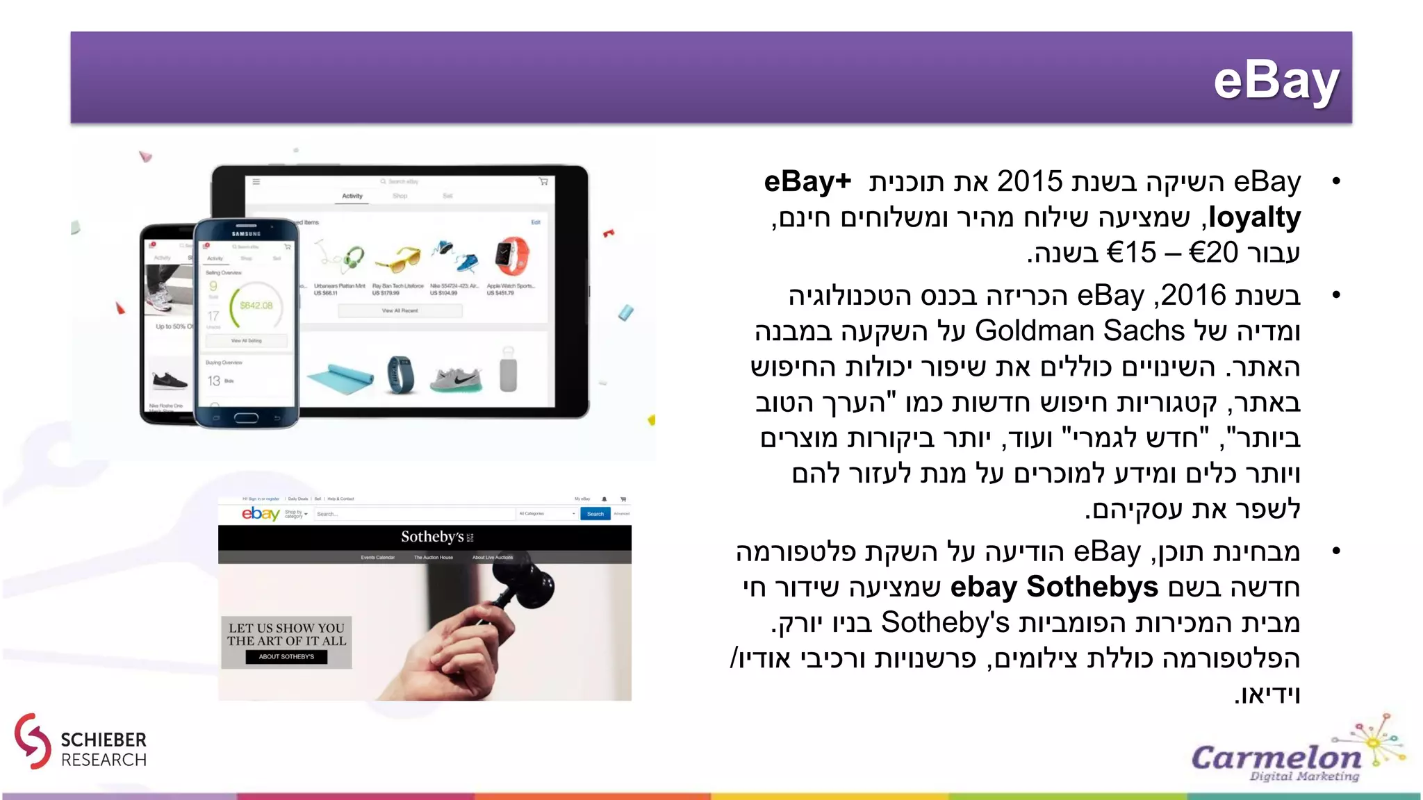 eBay
•eBay‫בשנת‬ ‫השיקה‬2015‫תוכנית‬ ‫את‬eBay+
loyalty,‫חינם‬ ‫ומשלוחים‬ ‫מהיר‬ ‫שילוח‬ ‫שמציעה‬,
‫עבור‬€15 – €20‫בשנה‬.
•‫בשנת‬2016,eBay‫הטכנולוגיה‬ ‫בכנס‬ ‫הכריזה‬
‫של‬ ‫ומדיה‬Goldman Sachs‫במבנה‬ ‫השקעה‬ ‫על‬
‫האתר‬.‫החיפוש‬ ‫יכולות‬ ‫שיפור‬ ‫את‬ ‫כוללים‬ ‫השינויים‬
‫באתר‬,‫כמו‬ ‫חדשות‬ ‫חיפוש‬ ‫קטגוריות‬"‫הטוב‬ ‫הערך‬
‫ביותר‬","‫לגמרי‬ ‫חדש‬"‫ועוד‬,‫מוצרים‬ ‫ביקורות‬ ‫יותר‬
‫להם‬ ‫לעזור‬ ‫מנת‬ ‫על‬ ‫למוכרים‬ ‫ומידע‬ ‫כלים‬ ‫ויותר‬
‫עסקיהם‬ ‫את‬ ‫לשפר‬.
•‫תוכן‬ ‫מבחינת‬,eBay‫פלטפורמה‬ ‫השקת‬ ‫על‬ ‫הודיעה‬
‫בשם‬ ‫חדשה‬ebay Sothebys‫חי‬ ‫שידור‬ ‫שמציעה‬
‫הפומביות‬ ‫המכירות‬ ‫מבית‬Sotheby's‫יורק‬ ‫בניו‬.
‫צילומים‬ ‫כוללת‬ ‫הפלטפורמה‬,‫אודיו‬ ‫ורכיבי‬ ‫פרשנויות‬/
‫וידיאו‬.
 