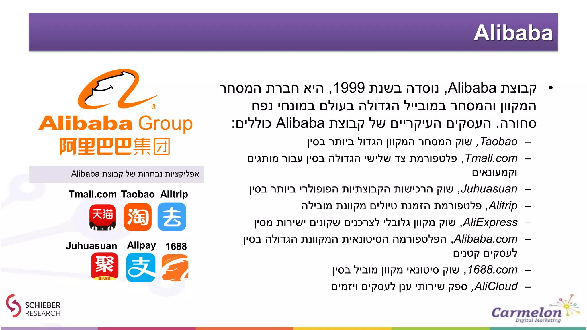 Alibaba
•‫קבוצת‬Alibaba,‫בשנת‬ ‫נוסדה‬1999,‫המסחר‬ ‫חברת‬ ‫היא‬
‫נפח‬ ‫במונחי‬ ‫בעולם‬ ‫הגדולה‬ ‫במובייל‬ ‫והמסחר‬ ‫המקוון‬
‫סחורה‬.‫קבוצת‬ ‫של‬ ‫העיקריים‬ ‫העסקים‬Alibaba‫כוללים‬:
–Taobao,‫בסין‬ ‫ביותר‬ ‫הגדול‬ ‫המקוון‬ ‫המסחר‬ ‫שוק‬
–Tmall.com,‫מותגים‬ ‫עבור‬ ‫בסין‬ ‫הגדולה‬ ‫שלישי‬ ‫צד‬ ‫פלטפורמת‬
‫וקמעונאים‬
–Juhuasuan,‫בסין‬ ‫ביותר‬ ‫הפופולרי‬ ‫הקבוצתיות‬ ‫הרכישות‬ ‫שוק‬
–Alitrip,‫מובילה‬ ‫מקוונת‬ ‫טיולים‬ ‫הזמנת‬ ‫פלטפורמת‬
–AliExpress,‫מסין‬ ‫ישירות‬ ‫שקונים‬ ‫לצרכנים‬ ‫גלובלי‬ ‫מקוון‬ ‫שוק‬
–Alibaba.com,‫בסין‬ ‫הגדולה‬ ‫המקוונת‬ ‫הסיטונאית‬ ‫הפלטפורמה‬
‫קטנים‬ ‫לעסקים‬
–1688.com,‫בסין‬ ‫מוביל‬ ‫מקוון‬ ‫סיטונאי‬ ‫שוק‬
–AliCloud,‫ויזמים‬ ‫לעסקים‬ ‫ענן‬ ‫שירותי‬ ‫ספק‬
‫קבוצת‬ ‫של‬ ‫נבחרות‬ ‫אפליקציות‬Alibaba
Tmall.com Taobao Alitrip
Juhuasuan Alipay 1688
 