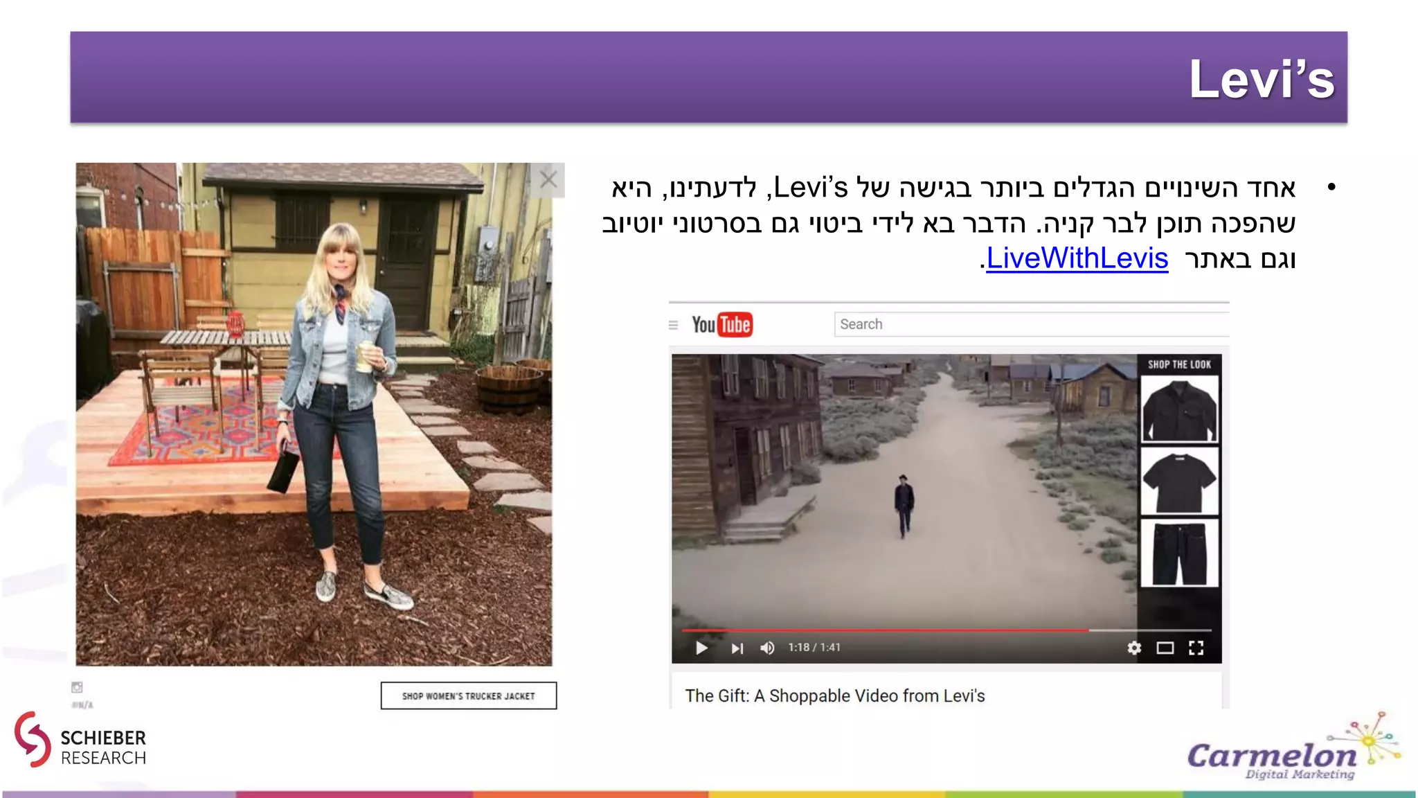 Levi’s
•‫של‬ ‫בגישה‬ ‫ביותר‬ ‫הגדלים‬ ‫השינויים‬ ‫אחד‬Levi’s,‫לדעתינו‬,‫היא‬
‫קניה‬ ‫לבר‬ ‫תוכן‬ ‫שהפכה‬.‫יוטיוב‬ ‫בסרטוני‬ ‫גם‬ ‫ביטוי‬ ‫לידי‬ ‫בא‬ ‫הדבר‬
‫באתר‬ ‫וגם‬LiveWithLevis.
 