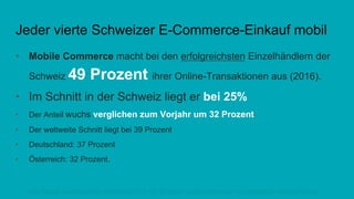 Jeder vierte Schweizer E-Commerce-Einkauf mobil
•  Mobile Commerce macht bei den erfolgreichsten Einzelhändlern der
Schweiz 49 Prozent ihrer Online-Transaktionen aus (2016).
•  Im Schnitt in der Schweiz liegt er bei 25%
•  Der Anteil wuchs verglichen zum Vorjahr um 32 Prozent
•  Der weltweite Schnitt liegt bei 39 Prozent
•  Deutschland: 37 Prozent
•  Österreich: 32 Prozent.
http://www.werbewoche.ch/digital/2016-09-21/jeder-dritte-schweizer-e-commerce-einkauf-mobil
 
