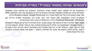 ‫צ‬'‫טבוטים‬:‫במובייל‬ ‫במסחר‬ ‫צמיחה‬/‫חברתית‬ ‫במדיה‬
•‫הצ‬'‫טבוטים‬‫הם‬‫כלי‬‫מאפשר‬‫חשוב‬‫למסחר‬‫במדיה‬‫החברתית‬.‫צ‬'‫טבוטים‬‫הם‬‫מערכות‬‫שיחה‬‫אוטומטית‬
‫המעודדות‬‫שיחה‬‫עם‬‫לקוחות‬‫באמצעות‬‫אפליקציית‬‫מסרים‬‫מיידיים‬‫או‬‫באמצעות‬‫עוזר‬‫אישי‬‫אינטלגנטי‬(IPA)
‫אשר‬‫עושה‬‫שימוש‬‫בזיהוי‬‫קולי‬‫כמו‬‫למשל‬‫מכשירי‬‫בית‬‫חכם‬(Amazon’s Alexa, Google Home‫וכיו‬"‫ב‬).
•‫טכנולוגיית‬‫הבינה‬‫המלאכותית‬(AI)‫נעשית‬‫יותר‬‫ויותר‬‫זמינה‬‫דרך‬‫אפליקציות‬‫למסרים‬‫מיידיים‬‫כגון‬
WhatsApp,Facebook Messenger,‫וכיו‬"‫ב‬,‫והיא‬‫פופולרית‬‫בעיקר‬‫בקרב‬‫קונים‬‫צעירים‬.
•‫מגמת‬‫הקול‬:‫עוזרים‬‫דיגיטליים‬‫וחיפוש‬‫קולי‬‫נעשים‬‫נפוצים‬.‫הודות‬‫לעוזרים‬‫דיגיטליים‬‫כגון‬Amazon’s Alexa
‫ו‬-Google Home,‫המשתמשים‬‫כבר‬‫יכולים‬‫להזמין‬‫נסיעות‬‫וטיולים‬,‫פיצה‬‫או‬‫מוצרי‬‫מכולת‬,‫ולהשוות‬‫מחירים‬,
‫מבלי‬‫להיתקל‬‫במסך‬.‫ההשלכה‬‫של‬‫זה‬‫היא‬‫שעל‬‫מותגים‬‫להציע‬‫אפשרויות‬‫רכישה‬‫מהירות‬,‫כולל‬‫היסטוריית‬
‫רכישות‬.‫עליהם‬‫לקחת‬‫בחשבון‬‫את‬‫טבעה‬‫של‬‫שאילתת‬‫החיפוש‬–‫האופן‬‫שבו‬‫אנשים‬‫מדברים‬‫בטבעיות‬,
‫בדרך‬-‫כלל‬‫בצורת‬‫שאלה‬.
 