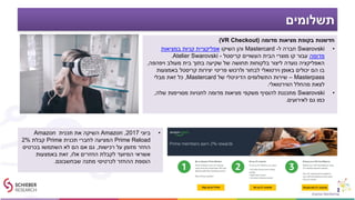 ‫תשלומים‬
‫מדומה‬ ‫מציאות‬ ‫בקופת‬ ‫חדשנות‬(VR Checkout)
•Swarovski‫ל‬ ‫חברה‬-Mastercard‫השיקו‬ ‫והן‬‫במציאות‬ ‫קניות‬ ‫אפליקציית‬
‫מדומה‬‫קריסטל‬ ‫העשויים‬ ‫הבית‬ ‫מוצרי‬ ‫קו‬ ‫עבור‬-Atelier Swarovski.
‫ויפהפה‬ ‫מעולב‬ ‫בית‬ ‫בתוך‬ ‫שקיעה‬ ‫של‬ ‫תחושה‬ ‫בלקוחות‬ ‫ליצור‬ ‫נועדה‬ ‫האפליקציה‬,
‫באמצעות‬ ‫קריסטל‬ ‫יצירות‬ ‫פריטי‬ ‫ולרכוש‬ ‫לבחור‬ ‫וירטואלי‬ ‫באופן‬ ‫יכולים‬ ‫הם‬ ‫בו‬
Masterpass–‫של‬ ‫הדיגיטלי‬ ‫התשלומים‬ ‫שירות‬Mastercard,‫מבלי‬ ‫זאת‬ ‫כל‬
‫הווירטואלי‬ ‫מהחלל‬ ‫לצאת‬.
•Swarovski‫שלה‬ ‫מסויימות‬ ‫לחנויות‬ ‫מדומה‬ ‫מציאות‬ ‫משקפי‬ ‫להוסיף‬ ‫מתכננת‬,
‫לאירועים‬ ‫גם‬ ‫כמו‬.
•‫ביוני‬2017,Amazon‫תכנית‬ ‫את‬ ‫השיקה‬Amazon
Prime Reload‫תכנית‬ ‫לחברי‬ ‫המציעה‬Prime‫קבלת‬2%
‫על‬ ‫מזומן‬ ‫החזר‬‫רכישות‬,‫בכרטיס‬ ‫השתמשו‬ ‫לא‬ ‫הם‬ ‫אם‬ ‫גם‬
‫אלו‬ ‫החזרים‬ ‫לקבלת‬ ‫המיועד‬ ‫אשראי‬,‫באמצעות‬ ‫זאת‬
‫שבחשבונם‬ ‫מתנה‬ ‫לכרטיסי‬ ‫ההחזר‬ ‫הוספת‬.
 