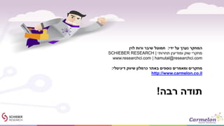‫רבה‬ ‫תודה‬!
‫ידי‬ ‫על‬ ‫נערך‬ ‫המחקר‬:‫לוין‬ ‫ורות‬ ‫שיבר‬ ‫חמוטל‬
‫תחרותי‬ ‫ומודיעין‬ ‫שוק‬ ‫מחקרי‬|SCHIEBER RESEARCH
www.researchci.com | hamutal@researchci.com
‫דיגיטלי‬ ‫שיווק‬ ‫כרמלון‬ ‫באתר‬ ‫נוספים‬ ‫ומאמרים‬ ‫מחקרים‬:
http://www.carmelon.co.il
 