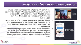 ‫סין‬:‫העולמי‬ ‫האלקטרוני‬ ‫המסחר‬ ‫צמיחת‬ ‫מנוע‬
•‫הוא‬ ‫בסין‬ ‫האלקטרוני‬ ‫במסחר‬ ‫החדה‬ ‫לעלייה‬ ‫התורמים‬ ‫הגורמים‬ ‫אחד‬
‫הריכוזיות‬:‫שבארה‬ ‫בעוד‬"‫אינטרנט‬ ‫אתרי‬ ‫מפעילות‬ ‫מובילות‬ ‫קמעונאיות‬ ‫ב‬
‫עצמאיים‬,Alibaba‫מ‬ ‫למעלה‬ ‫אחראית‬ ‫הסינית‬-75%‫מעסקאות‬
‫האלקטרוני‬ ‫המסחר‬,‫כגון‬ ‫אתרים‬ ‫עם‬tmall.com,Taobao,‫ו‬-
Alibaba.com.
•Alibaba‫חדשנית‬ ‫מאד‬ ‫מתחרה‬ ‫היא‬,‫הצרכני‬ ‫המסע‬ ‫פרטי‬ ‫על‬ ‫המכווננת‬,
‫החנות‬ ‫חזית‬ ‫כולל‬(‫בשת‬"‫חברתיות‬ ‫רשתות‬ ‫ובאמצעות‬ ‫מותגים‬ ‫עם‬ ‫פ‬),
‫הקניה‬ ‫תהליך‬(‫מדומה‬ ‫מציאות‬ ‫כולל‬),‫ותשלומים‬ ‫משלוח‬ ‫טכנולוגיות‬
(‫מובייל‬ ‫אפליקציות‬.)
•‫היחידה‬ ‫הכניסה‬ ‫אלמנט‬ ‫את‬ ‫רואים‬ ‫אנו‬(single-login)‫המקוון‬ ‫במסחר‬
‫בארה‬ ‫גם‬ ‫סין‬ ‫של‬"‫ב‬–‫ב‬‫פייסבוק‬,‫מאשר‬ ‫יותר‬‫באמאזון‬.‫של‬ ‫מיצובה‬
‫כ‬ ‫פייסבוק‬-"‫החנות‬ ‫חזית‬"‫המסחר‬ ‫בשילוב‬ ‫עושה‬ ‫שהיא‬ ‫והצעדים‬-‫תוכן‬
‫איינסטגרם‬ ‫של‬ ‫בחזיתה‬,‫של‬ ‫האלקטרוני‬ ‫למסחר‬ ‫זוהר‬ ‫עתיד‬ ‫מבטיחים‬
‫החברה‬.
 