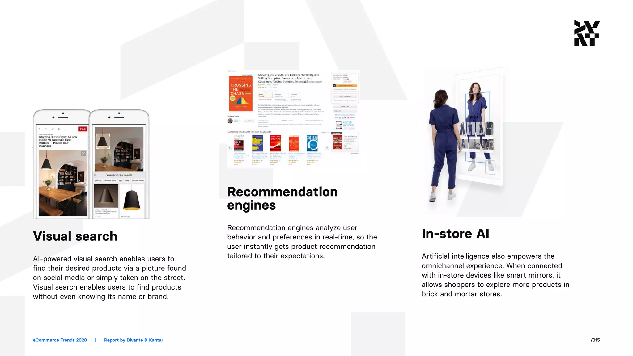 eCommerce Trends 2020	 |	 Report by Divante & Kantar /015
AI-powered visual search enables users to
find their desired products via a picture found
on social media or simply taken on the street.
Visual search enables users to find products
without even knowing its name or brand.
Visual search
Recommendation
engines
In-store AI
Recommendation engines analyze user
behavior and preferences in real-time, so the
user instantly gets product recommendation
tailored to their expectations. Artificial intelligence also empowers the
omnichannel experience. When connected
with in-store devices like smart mirrors, it
allows shoppers to explore more products in
brick and mortar stores.
 