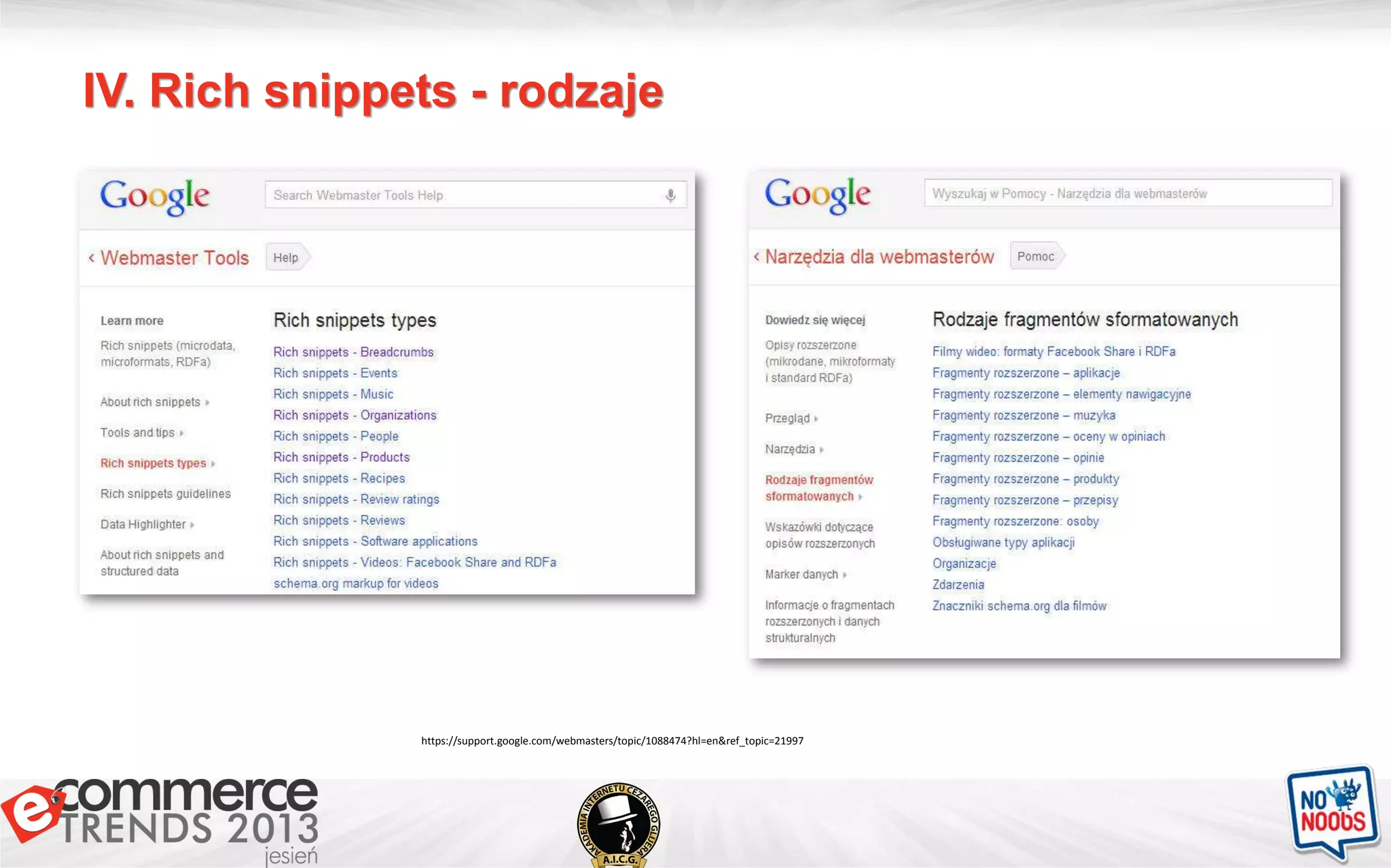 IV. Rich snippets - rodzaje
https://support.google.com/webmasters/topic/1088474?hl=en&ref_topic=21997
 