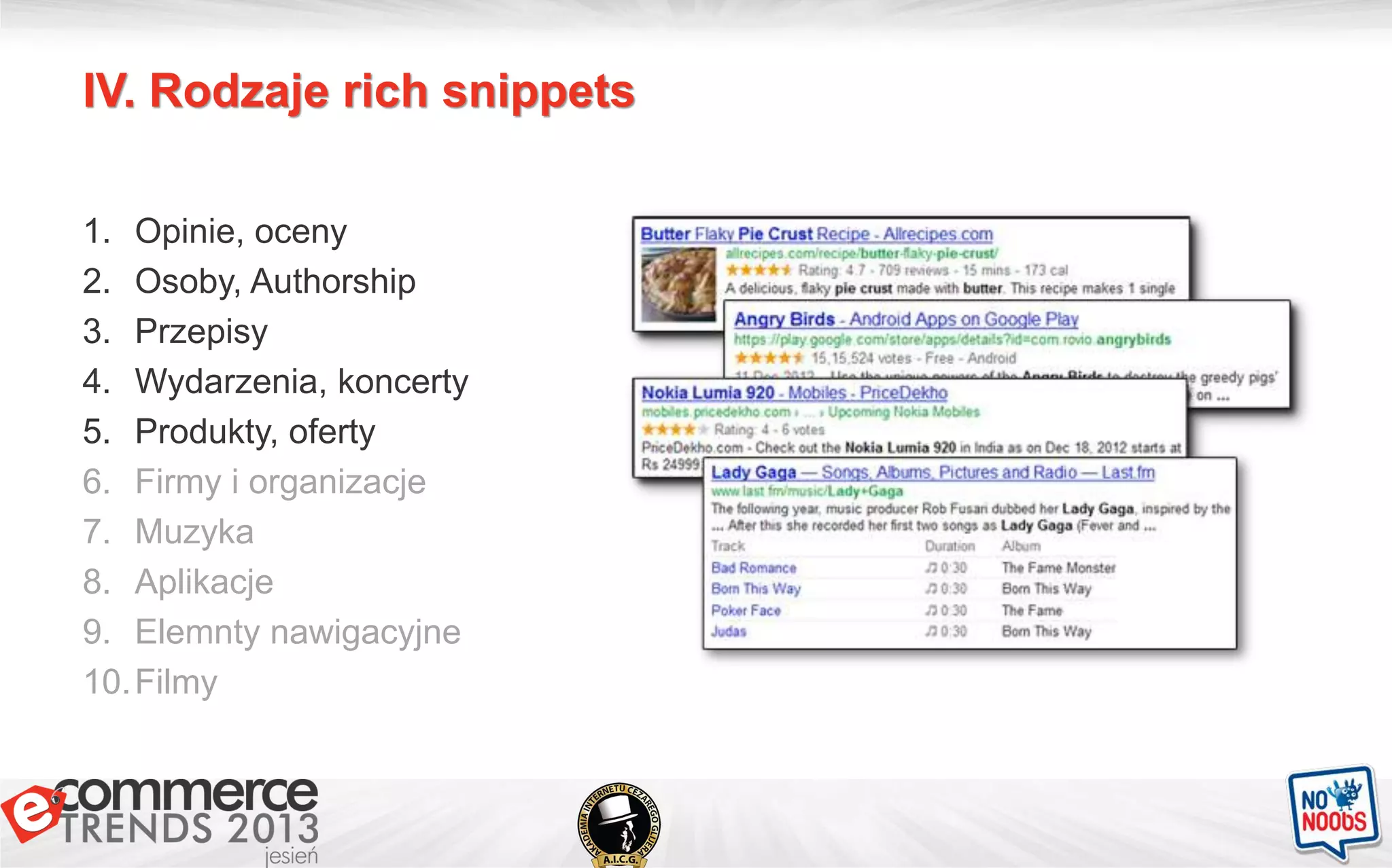 IV. Rodzaje rich snippets
1. Opinie, oceny
2. Osoby, Authorship
3. Przepisy
4. Wydarzenia, koncerty
5. Produkty, oferty
6. Firmy i organizacje
7. Muzyka
8. Aplikacje
9. Elemnty nawigacyjne
10.Filmy
 