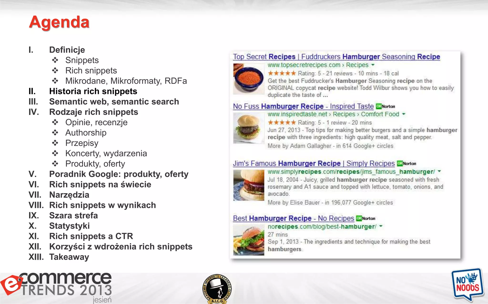 Agenda
I. Definicje
 Snippets
 Rich snippets
 Mikrodane, Mikroformaty, RDFa
II. Historia rich snippets
III. Semantic web, semantic search
IV. Rodzaje rich snippets
 Opinie, recenzje
 Authorship
 Przepisy
 Koncerty, wydarzenia
 Produkty, oferty
V. Poradnik Google: produkty, oferty
VI. Rich snippets na świecie
VII. Narzędzia
VIII. Rich snippets w wynikach
IX. Szara strefa
X. Statystyki
XI. Rich snippets a CTR
XII. Korzyści z wdrożenia rich snippets
XIII. Takeaway
 