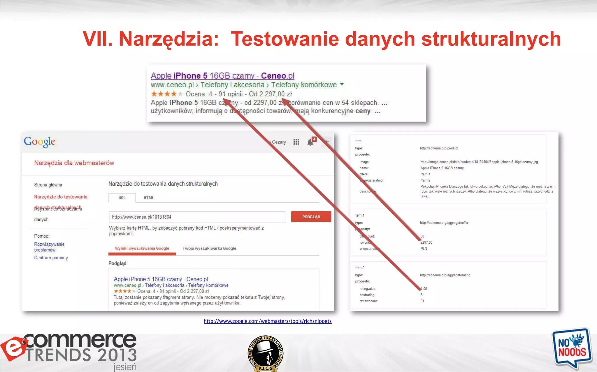 VII. Narzędzia: Testowanie danych strukturalnych
http://www.google.com/webmasters/tools/richsnippets
 