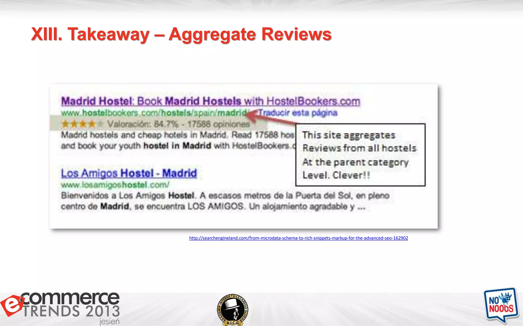 XIII. Takeaway – Aggregate Reviews
http://searchengineland.com/from-microdata-schema-to-rich-snippets-markup-for-the-advanced-seo-162902
 