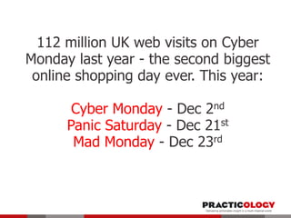 112 million UK web visits on Cyber
Monday last year - the second biggest
online shopping day ever. This year:

Cyber Monday - Dec 2nd
Panic Saturday - Dec 21st
Mad Monday - Dec 23rd

 