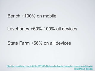 Bench +100% on mobile
Lovehoney +60%-100% all devices

State Farm +56% on all devices

http://econsultancy.com/uk/blog/63185-14-brands-that-increased-conversion-rates-viaresponsive-design

 