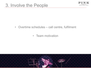 3. Involve the People

• Overtime schedules – call centre, fulfilment
• Team motivation

 