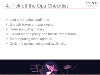 4. Tick off the Ops Checklist







Last order dates confirmed
Enough boxes and packaging
Order enough gift wrap
Extend returns policy and hassle free returns
Store opening times updated
Click and collect timing and availability

 