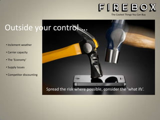 The Coolest Things You Can Buy

Outside your control....
• Inclement weather
• Carrier capacity
• The ‘Economy’
• Supply Issues
• Competitor discounting

Spread the risk where possible, consider the ‘what ifs’.

 