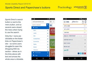 Mobile Usability Report 2015/16
Sports Direct and Paperchase’s buttons
Sports Direct’s search
button is next to the
menu button, and so
several users closed
the menu when trying
to use the search.
Only the + icons are
clickable on the footer
links on Paperchase’s
site – so some users
struggled to open the
Shopping With Us
section - where as in
the links above with
text and arrows the
whole area is clickable.
 